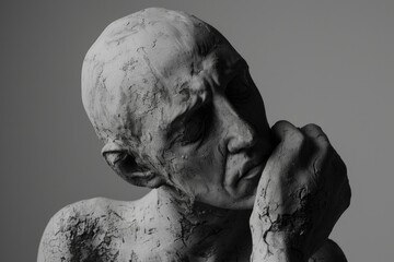 Statue of man with stone face and stone hand on his chin. Statue is old and worn, giving it sense of wisdom and contemplation - obrazy, fototapety, plakaty