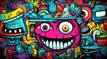 Abstract grunge urban pattern with monster character, Super drawing in graffiti style, bright vibrant retro colors, blue, pink, orange and purple, multicolors background.