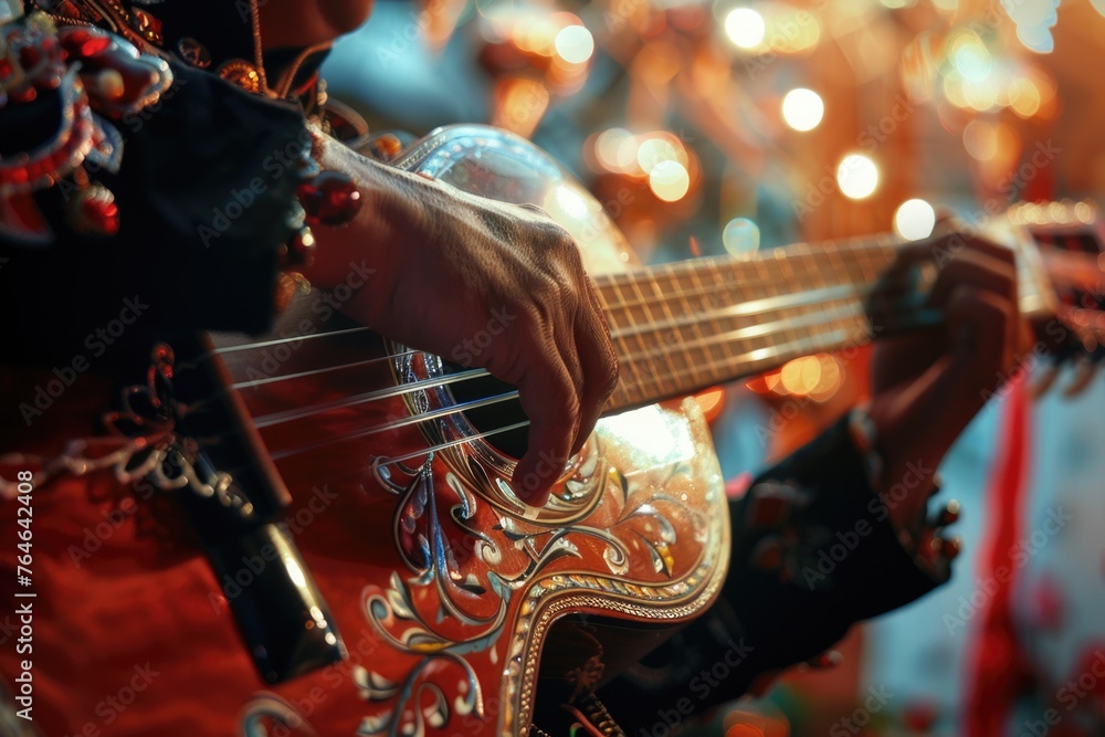 Poster man is playing guitar with beautiful design on it. image has warm and inviting mood, as man's finger