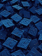 Blue graduation cap with gold button is shown in row. Caps are all different sizes and are arranged in pattern. Concept of achievement and pride