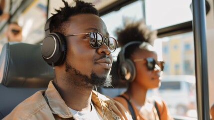 an african couple wearing over-ear headphones on the bus