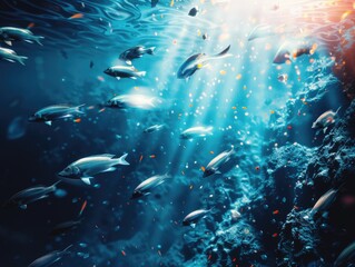Fototapeta na wymiar School of fish swimming in ocean. Fish are scattered throughout water, with some closer to surface and others deeper down. Sunlight is shining on water, creating beautiful