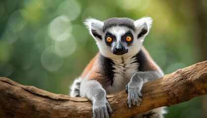 Fototapeta premium Portrait of cute lemur on wooden branch. Green blurred backdrop.