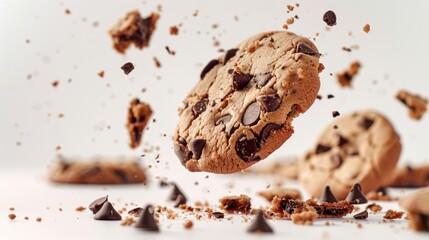 Cookie with chocolate chips is flying through air, leaving trail of crumbs behind it