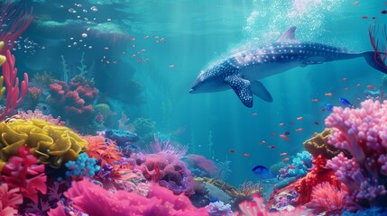 In a fantastical underwater world, a fictional cartoon animal swims gracefully among vibrant coral reefs and exotic sea creatures. 

 - obrazy, fototapety, plakaty