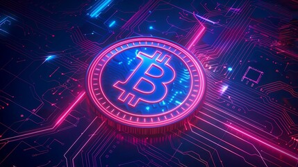 Bitcoin and neon background. Bitcoin and blockchain banner illustration