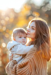 Young Mother Holding Her Baby in a Warm Autumn Light at Sunset