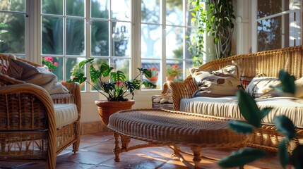 Obraz premium Living room with wicker couch and two chairs. Potted plant sits on coffee table in front of couch. Room is bright and inviting, with sunlight streaming in through windows