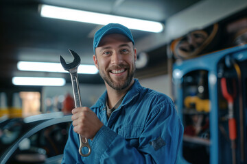 A happy mechanic in a blue uniform holding a wrench in a garage - obrazy, fototapety, plakaty