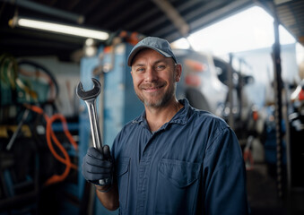 A happy mechanic in a blue uniform holding a wrench in a garage - 764643089