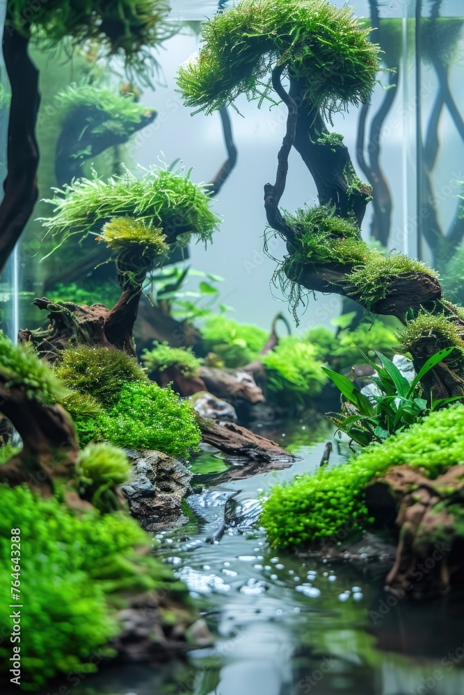Poster lush green forest with stream running through it. stream is surrounded by plants and rocks, creating