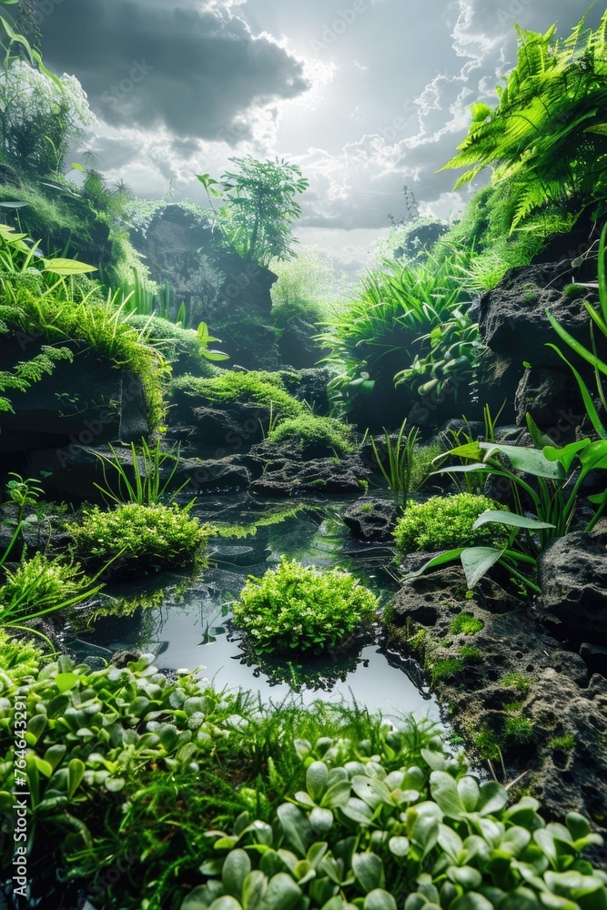 Poster lush green forest with small stream running through it. sky is cloudy and sun is shining through clo