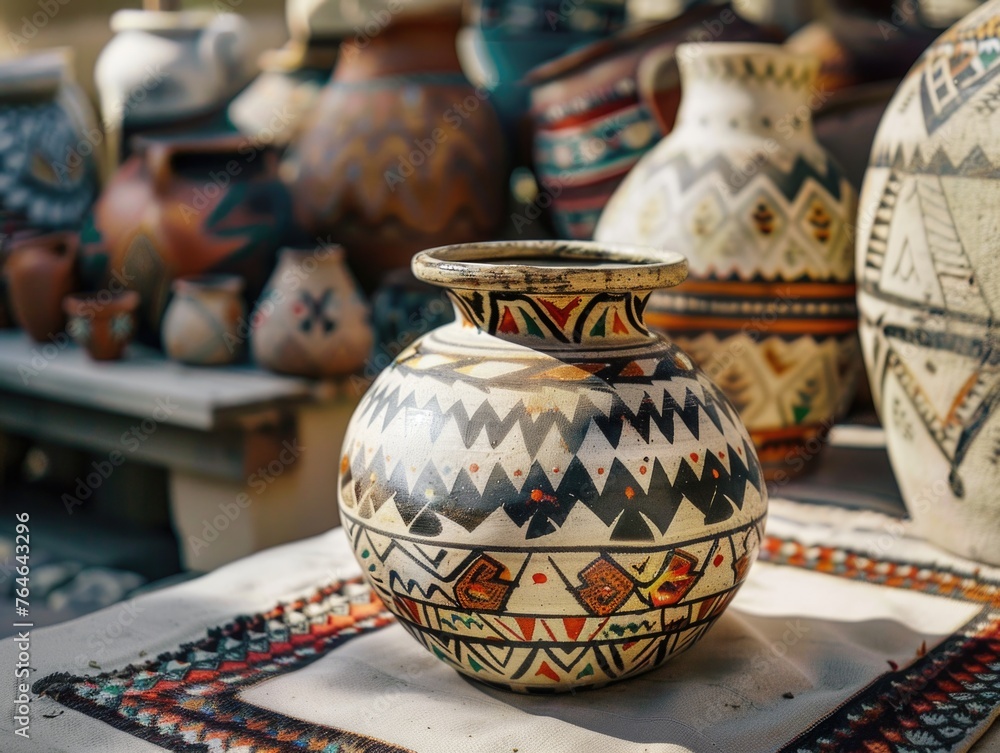 Poster collection of colorful vases with different patterns and designs. vases are arranged on table, with 