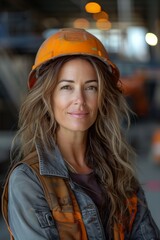 Woman dons construction gear, hard hat and vest, engaged in construction site activities