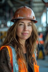 Woman dons construction gear, hard hat and vest, engaged in construction site activities