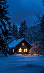 Twilight Serenity at a Snow-Covered Cabin in a Winter Forest
