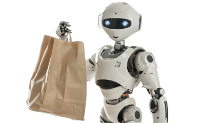 Futuristic Shopping Robot Holding a Bag - On Transparent Background