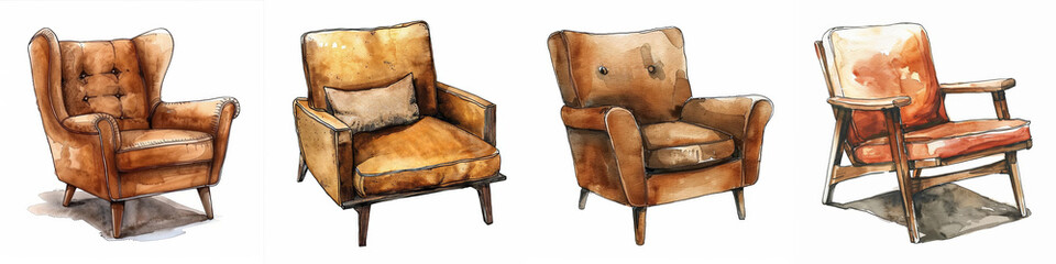 Watercolor illustration set of vintage armchairs, suitable as a background for interior design themes, with space for text on the backdrop