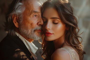 Fototapeta premium Affluent elder embraces chic, attractive youth, epitomizing timeless elegance and intergenerational connection