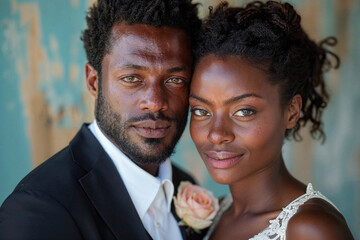 Elegant couple in wedding attire sharing a close moment. Generative AI image