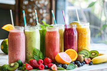 Variety of Fresh Fruit Smoothies Served on a Wooden Table