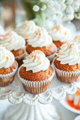 Elegant Carrot Cupcakes Topped With Cream Cheese Frosting on a Ceramic Stand