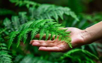 Gentle Hand Cradling a Delicate Fern Frond in a Lush Green Forest