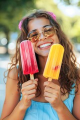 Young Woman in Sunglasses Enjoying Two Popsicles on a Sunny Summer Day