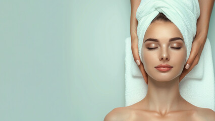 A young, spectacular, woman undergoes treatments at a spa center. Blue background. Free space for text.