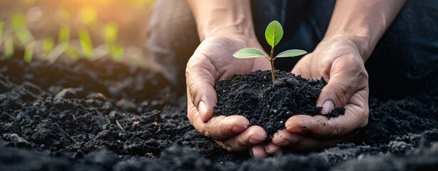 Hands Holding Young Plant in Black Soil with Nature Background