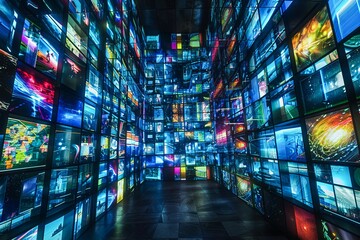 Surreal Tunnel of Multiple Screens Showcasing Diverse Visual Content