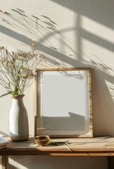 Wooden Picture Frame on Wooden Table With Dry Flowers in Vase During Afternoon