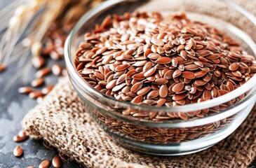 Close-Up View of Brown Flaxseeds in a Rustic Ceramic Bowl on a Wooden Table