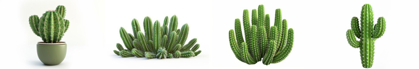 Set of isolated cactus plants with various shapes on a white background, suitable for desert flora themes or text-filled designs