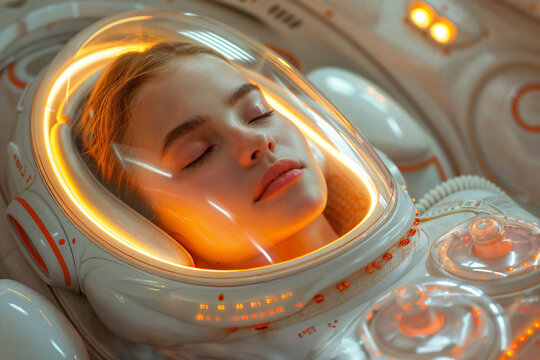 Woman in hibernation within transparent spacesuit. Generative AI