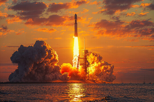 Sunset rocket launch over water. Generative AI