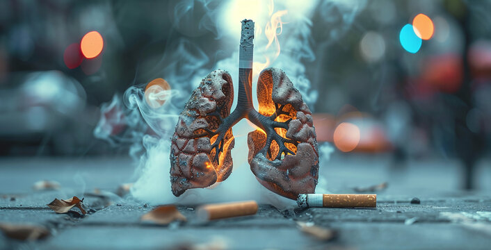 No Smoking Concept. Smoke kills lungs.Human lungs with smoke coming out, with copy space.Ai