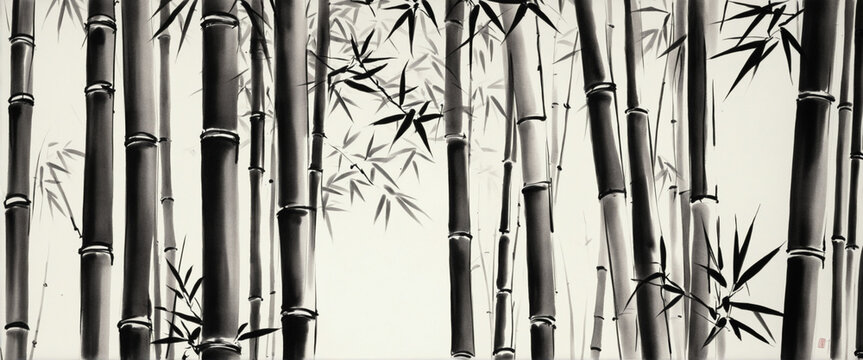 Japanese sumi-e style bamboo painting. Japanese ink painting of a bamboo. Extra wide format colorful background
