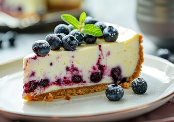 Slice of Blueberry Cheesecake With Fresh Berries on a White Plate, Elegantly Presented