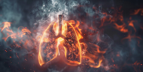 No Smoking Concept. Smoke kills lungs.Human lungs with smoke coming out, A Burning Lungs. copy space.Ai
