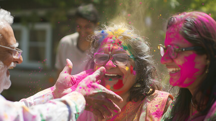 Document the tradition of applying gulal (colored powder) on friends and family during Holi, capturing the laughter and camaraderie shared between participants, using candid photography.