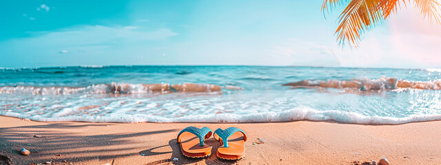 Flip-flops on a sunny tropical beach with sea waves - obrazy, fototapety, plakaty