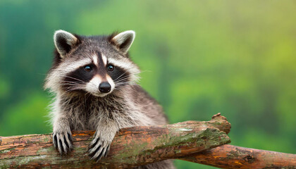 Portrait of cute raccoon on wooden branch. Green blurred backdrop. - Powered by Adobe