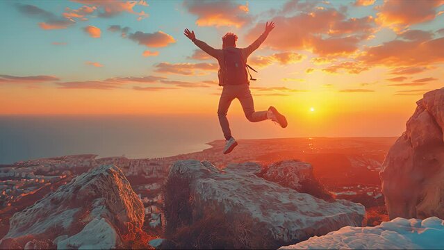 Happy man jumping for joy on the peak of the mountain. Created with generative AI.