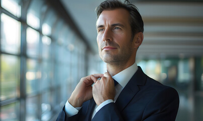 Confident Businessman Adjusting His Necktie Before Important Meeting, Generative AI 