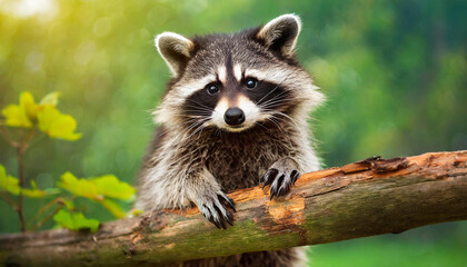 Portrait of cute raccoon on wooden branch. Green blurred backdrop. - Powered by Adobe