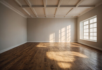 empty room with window and sun rays with wooden floor 