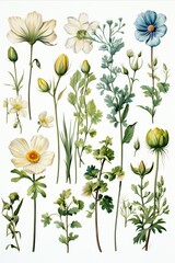 Botanical Illustration: Detailed watercolor drawing of flowering plants.