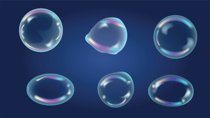 3d liquid transparent shapes. Render of transparent glass circle liquid object, soap water bubble with reflection. vector illustration