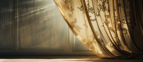 Capturing the effect of sunlight shining through a sheer curtain onto a window in a room - obrazy, fototapety, plakaty